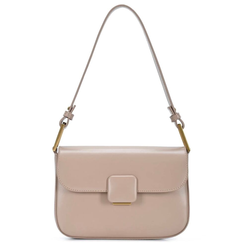 Madison West Naya Shoulder Bag Taupe Faux Leather Gold Hardware Flap Bag